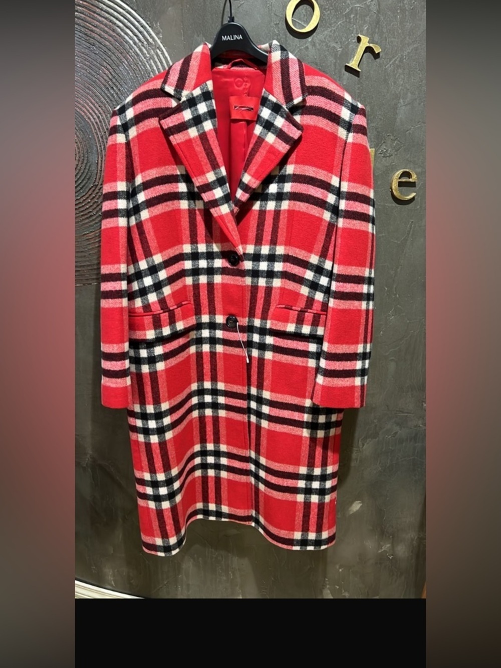 MaxMara Red Black & White wool blend checkered Plaid Pea Coat size 10